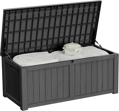 150 Gallon Outdoor Storage Box Patio Deck Box Waterproof, Resin Lockable Outside Large Storage Bin