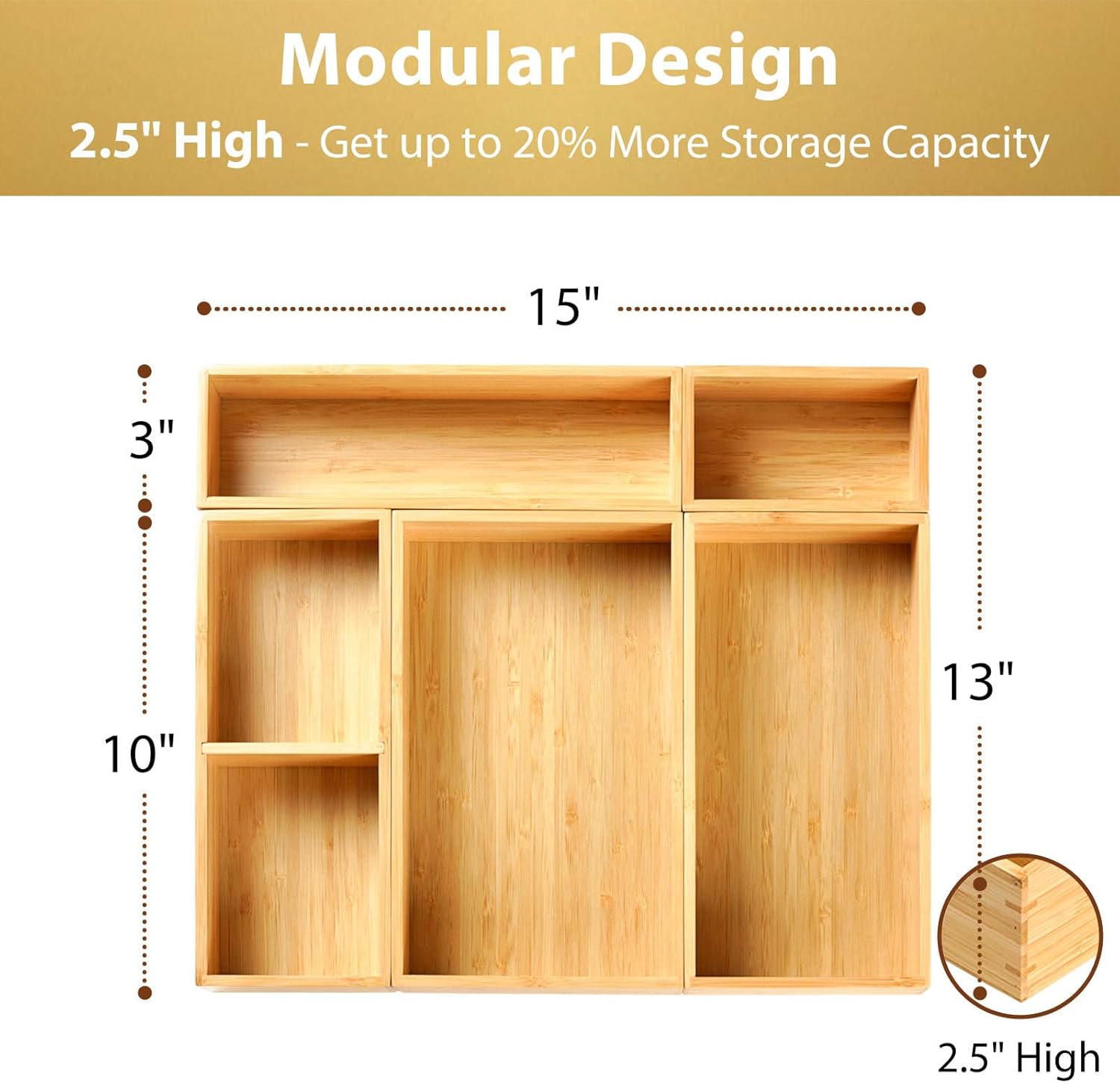 Umilife Drawer Organizer Storage Boxes, 2.5" High Bamboo Drawer Dividers, 5 Rearrangeable Bins for