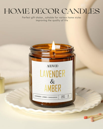 AOOVOO Lavender Amber Candles - 9 oz Scented Candles, Aromatherapy Candle, Soy Candle for Home