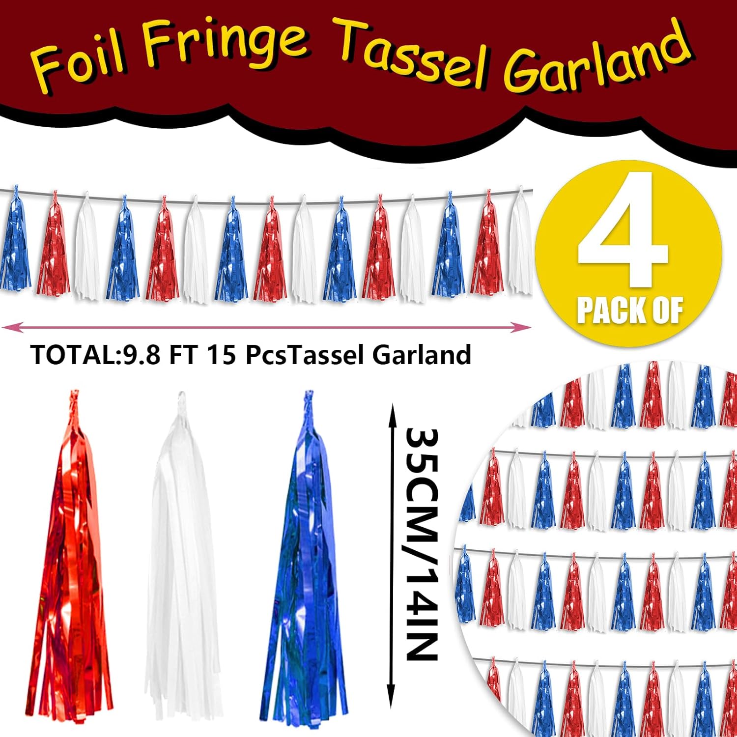 4P Red Blue White Foil Fringe Metallic Tassel Streamers Banner Tassel Garland for Parade Floats