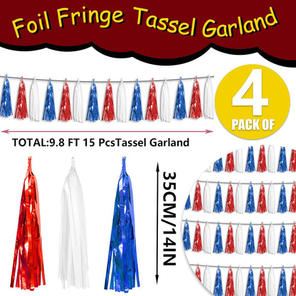4P Red Blue White Foil Fringe Metallic Tassel Streamers Banner Tassel Garland for Parade Floats