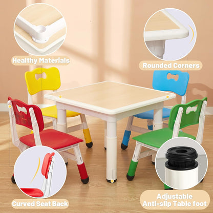 FUNLIO Kids Table and 4 Chairs Set for Ages 3-8, Height Adjustable Toddler Table and Chair Set