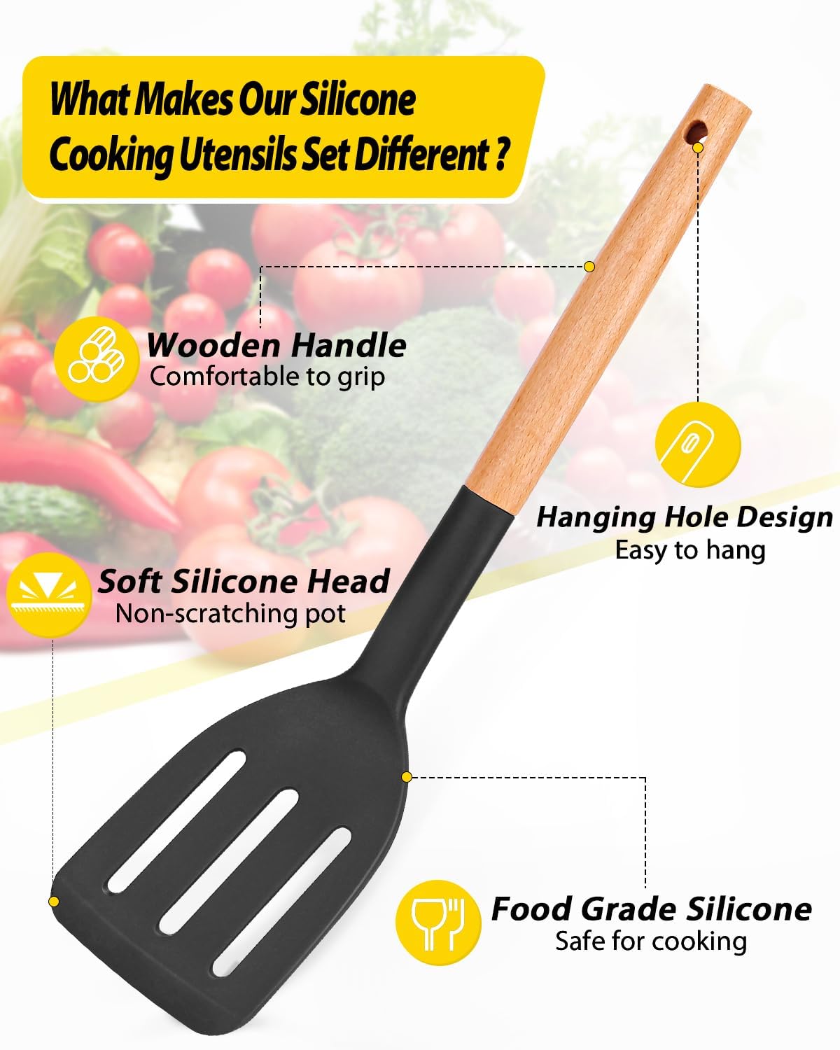 Pack of 4 Silicone Cooking Utensils Set, Non Stick Solid Spatulas and Heat Resistant Slotted Spoons