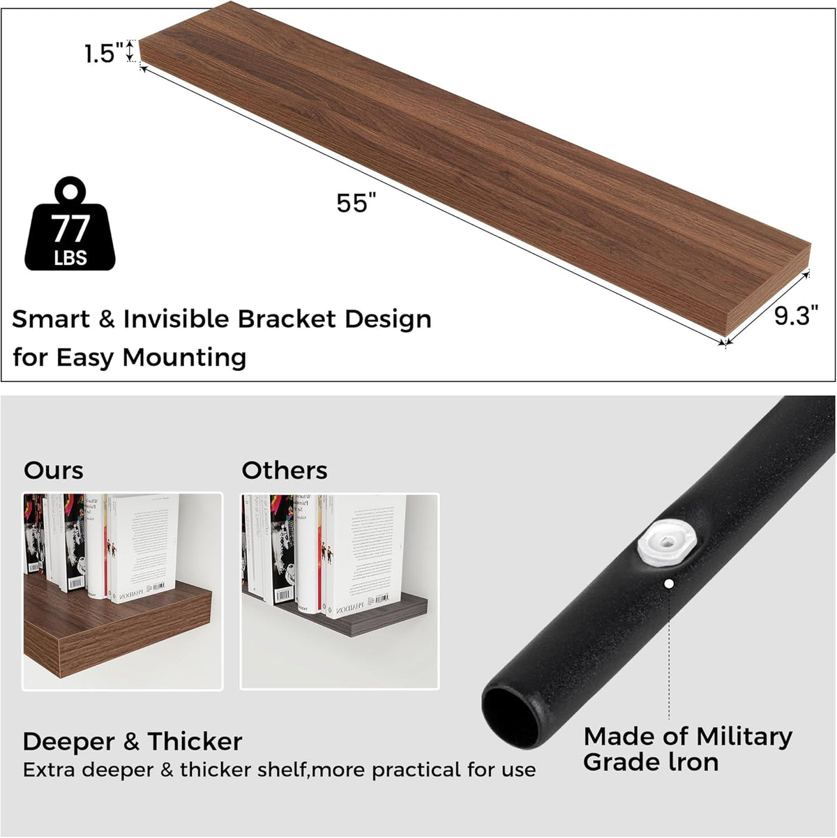 Floating Shelves for Wall, Large Wall Mounted Shelves with Invisible Brackets, Long Wood Floating