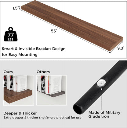 Floating Shelves for Wall, Large Wall Mounted Shelves with Invisible Brackets, Long Wood Floating