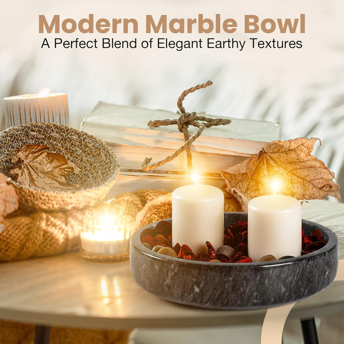 Marble Decorative Bowl - 7.5" Natural Black Solid Marble Centerpiece - Handmade Stone Fruit Bowl