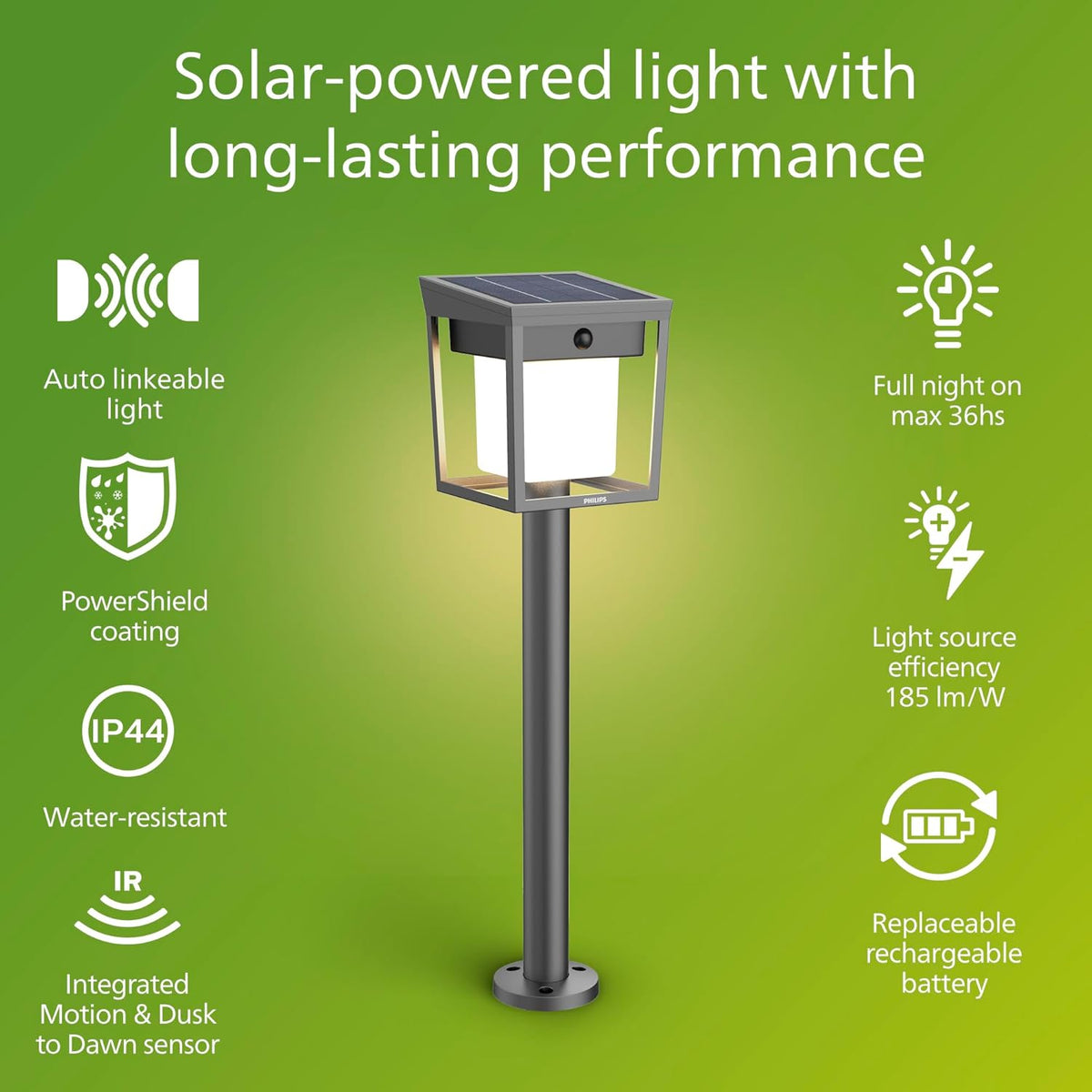 Philips Solar LED 1-Pack Ultra-Efficient Pathway Light - Blaise, Automatically Linkable, Dusk to