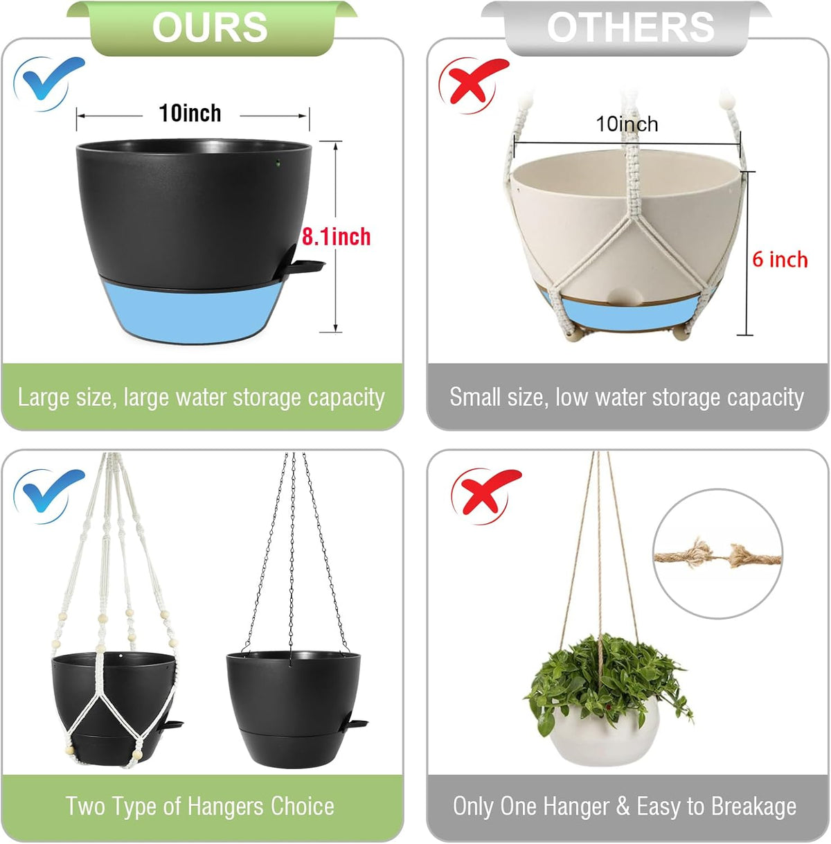 10 inch Self Watering Hanging Planters, 2 Pack Hanging Baskets for Indoor Outdoor Plants, Hanging