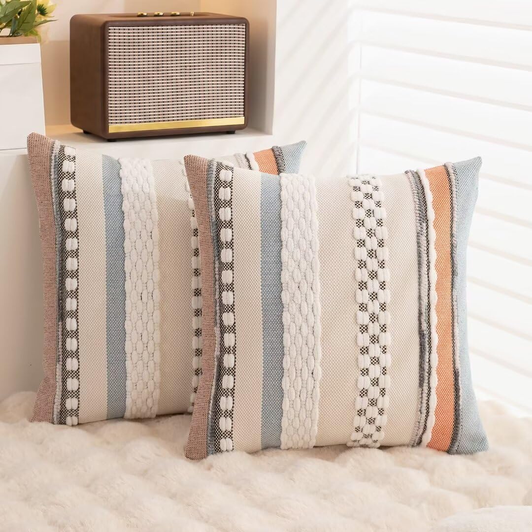 Boho Throw Pillow Covers 18x18 Set of 2 Farmhouse Decorative Cushion Case Striped Square Pillows