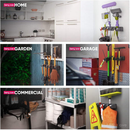 Combo 5 Slot Broom Holder w/ 1 Self Adhesive Mop Gripper No-Drilling, Wall Mount Tool Organizers