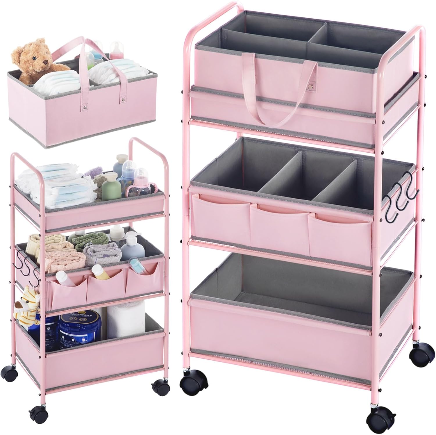Honeydak 2in1 Baby Diaper Caddy Organizer Cart 3 Tier Large Capacity Metal Utility Bedside Rolling