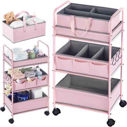 Honeydak 2in1 Baby Diaper Caddy Organizer Cart 3 Tier Large Capacity Metal Utility Bedside Rolling