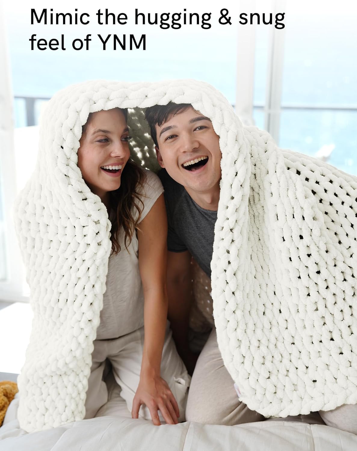 YnM Chunky Throw Blanket, Medium-Weight, Hand Knitted with Chenielle Yarn, Skin Friendly