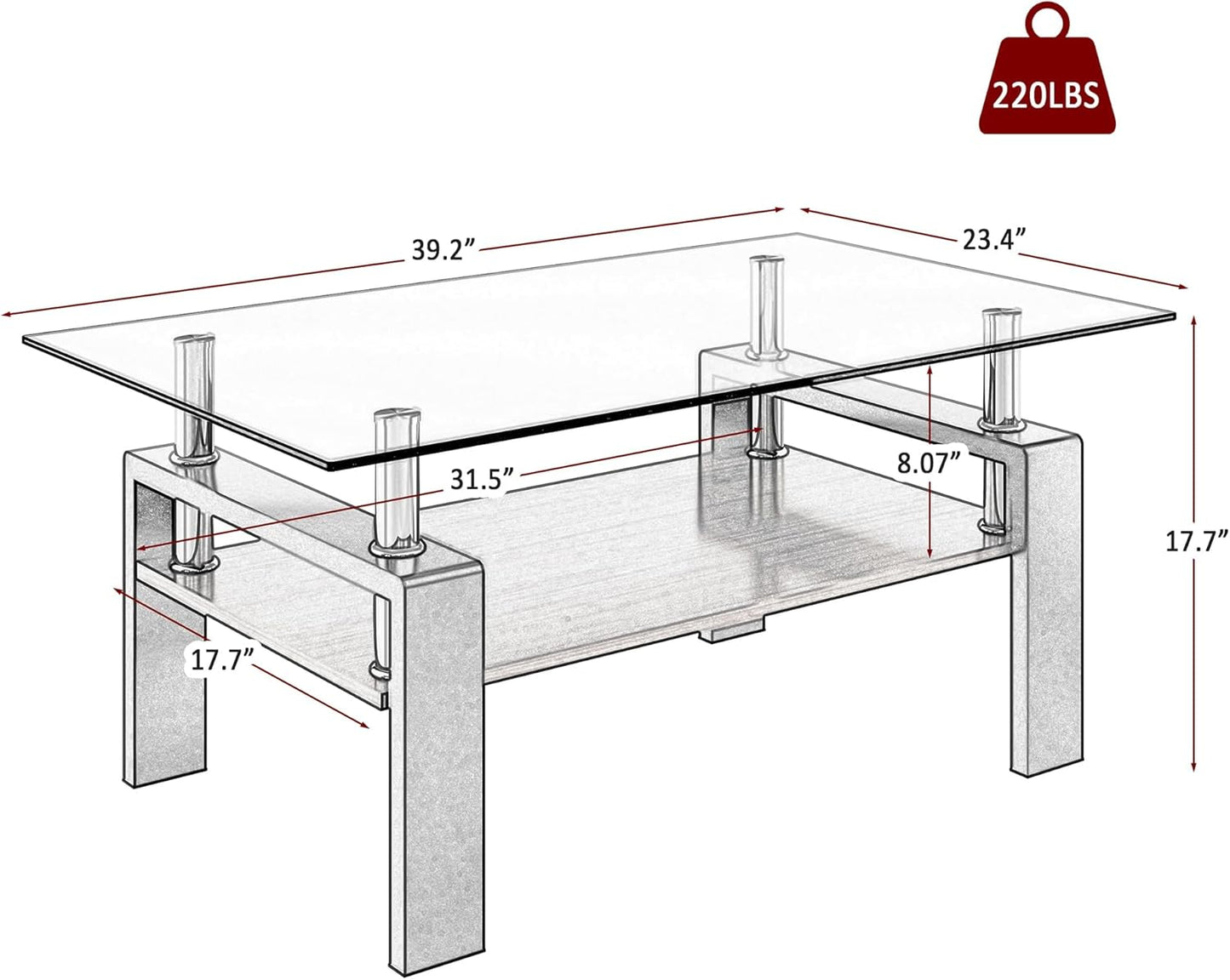Glass Coffee Table Rectangle Living Room Center Table, with Gray Tempered Glass Tabletop and Brown