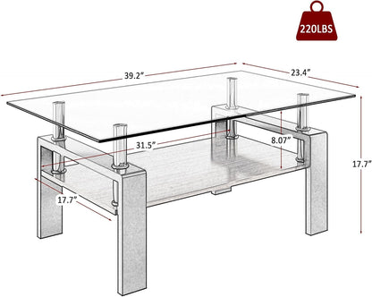 Glass Coffee Table Rectangle Living Room Center Table, with Gray Tempered Glass Tabletop and Brown