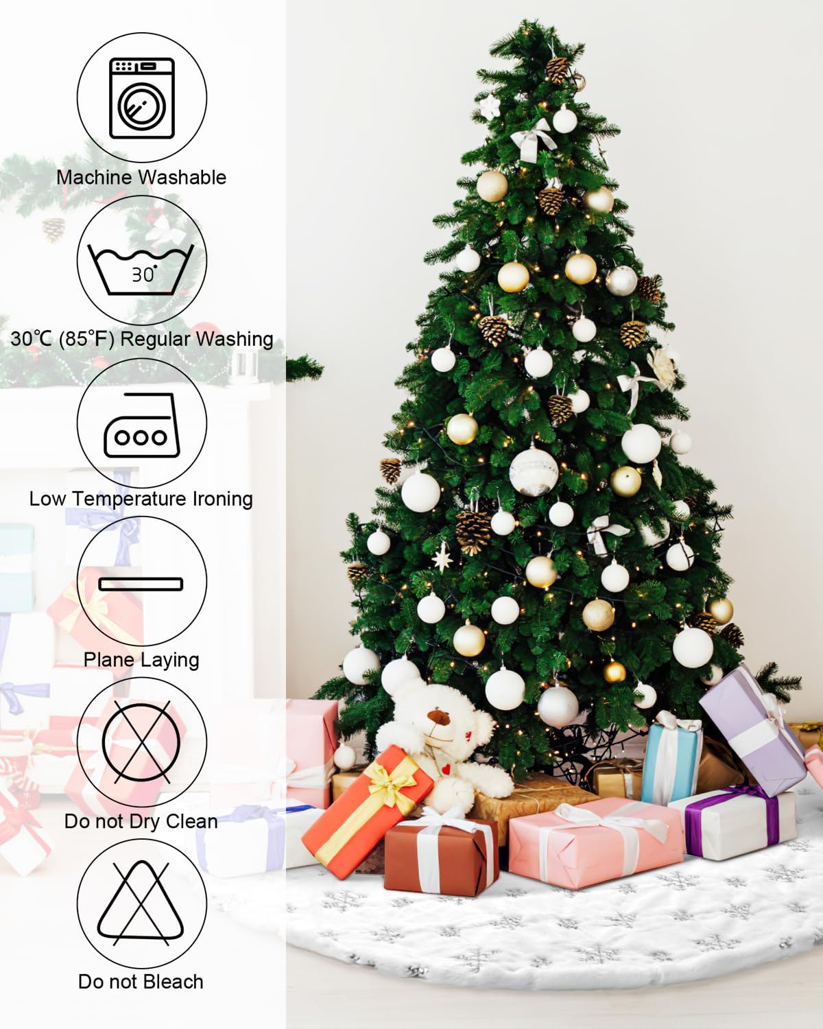 COOLWUFAN 60 Inches Christmas Tree Skirt for Xmas Tree Holiday Party Decorations White Plush Silver