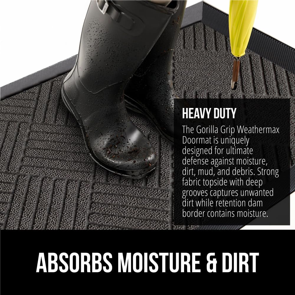 GORILLA GRIP 100% Waterproof All-Season WeatherMax Doormat, 47x35, US Designed Natural Rubber
