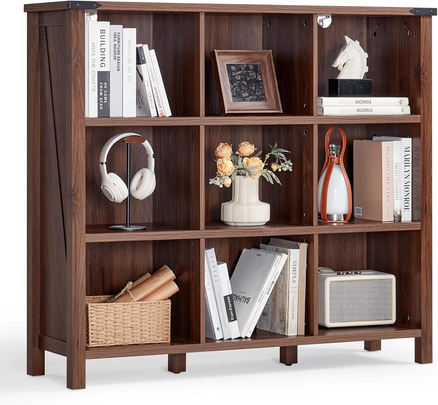 9 Cube Bookcase, Farmhouse 47 Inch Wide Brown Walnut Bookshelf, Wooden 3 Tier Display Large Open