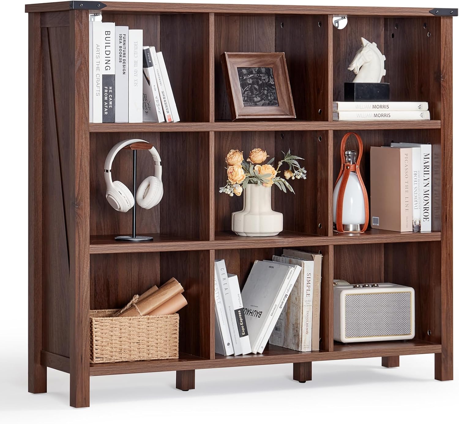 9 Cube Bookcase, Farmhouse 47 Inch Wide Brown Walnut Bookshelf, Wooden 3 Tier Display Large Open