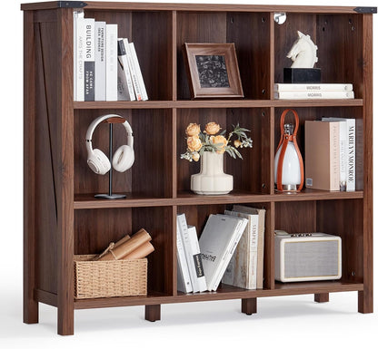 9 Cube Bookcase, Farmhouse 47 Inch Wide Brown Walnut Bookshelf, Wooden 3 Tier Display Large Open