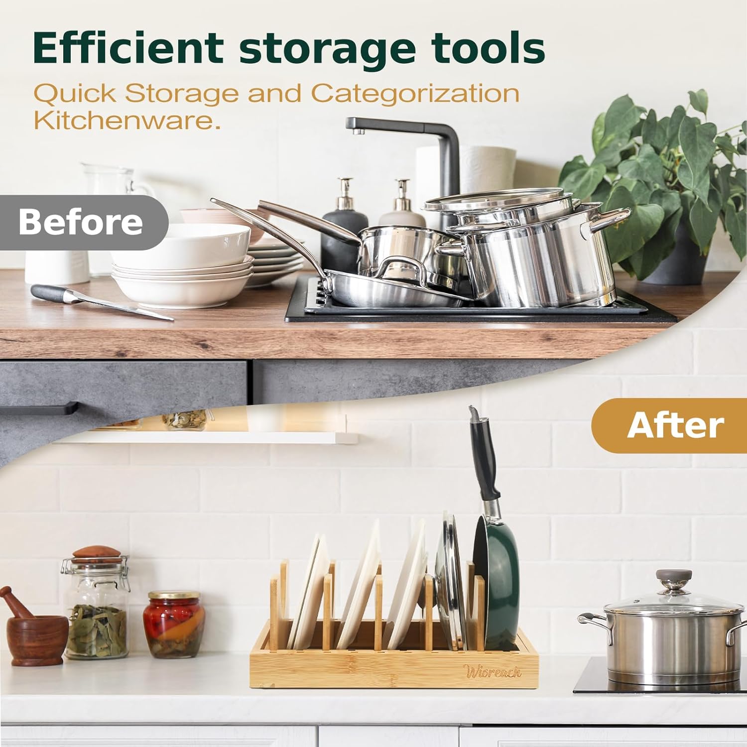 Bamboo Pot Lid Organizer, Adjustable Kitchen Organizer for Cabinet, Expandable Pot and Pan Storage