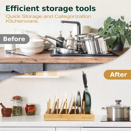 Bamboo Pot Lid Organizer, Adjustable Kitchen Organizer for Cabinet, Expandable Pot and Pan Storage
