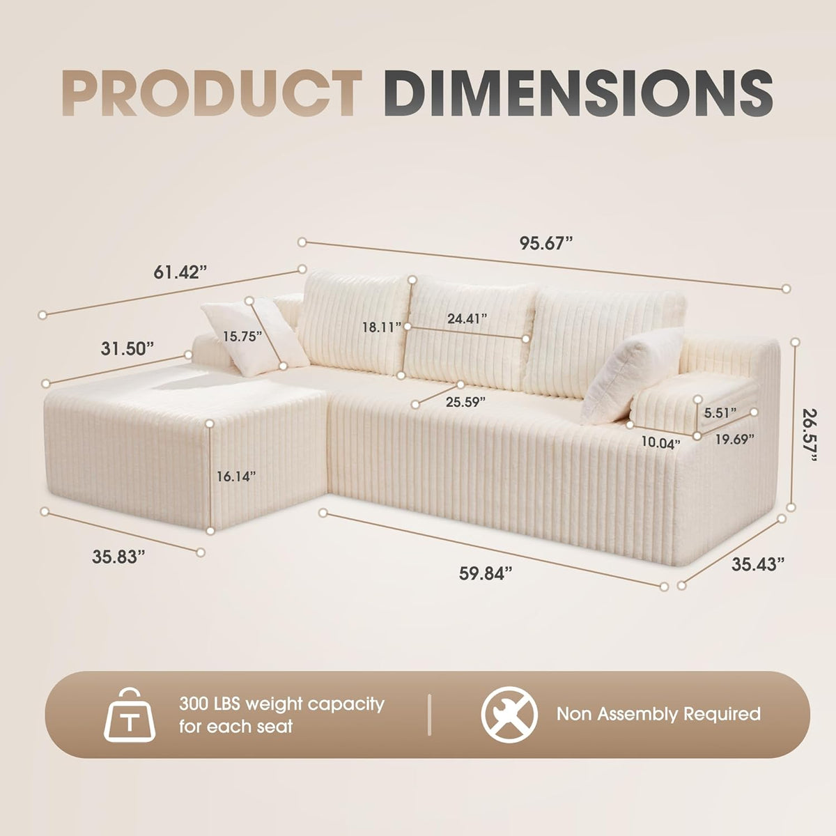 Hobestluk 96” Modular Sectional Sofa Couches L-Shape Couch 3 Seat Modular Sofa Memory Foam