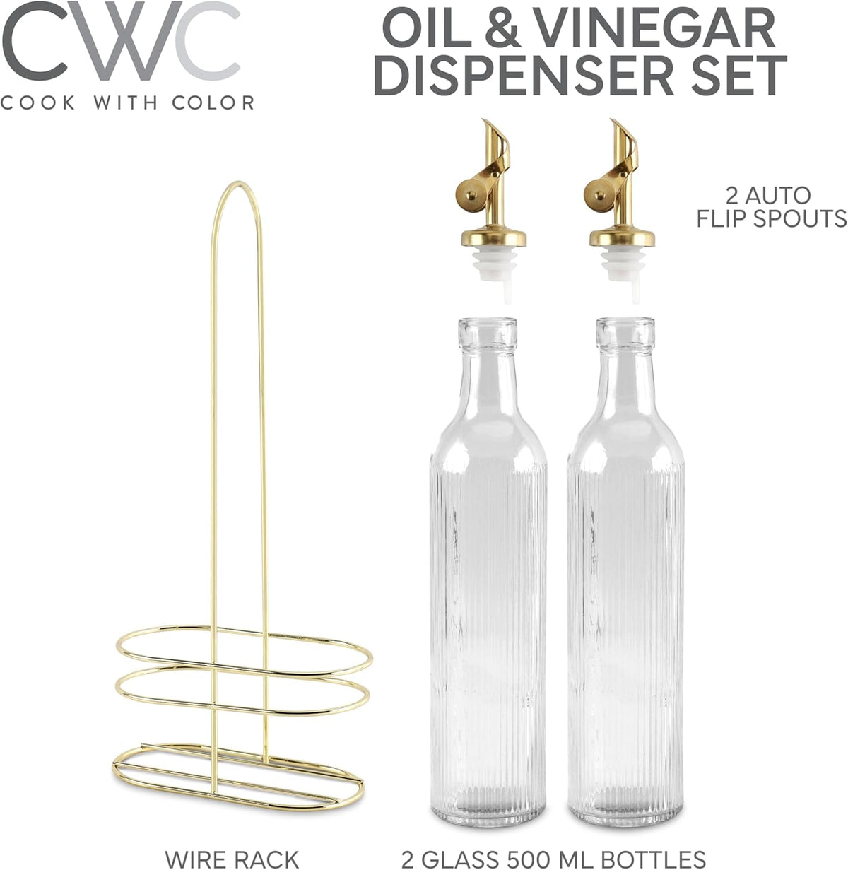 COOK WITH COLOR Glass Olive Oil Dispenser Bottle - 2 Pack, 17 oz Cruet - Elegant Carafe Decanter