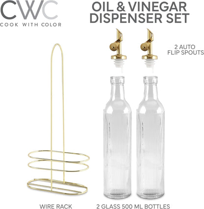 COOK WITH COLOR Glass Olive Oil Dispenser Bottle - 2 Pack, 17 oz Cruet - Elegant Carafe Decanter