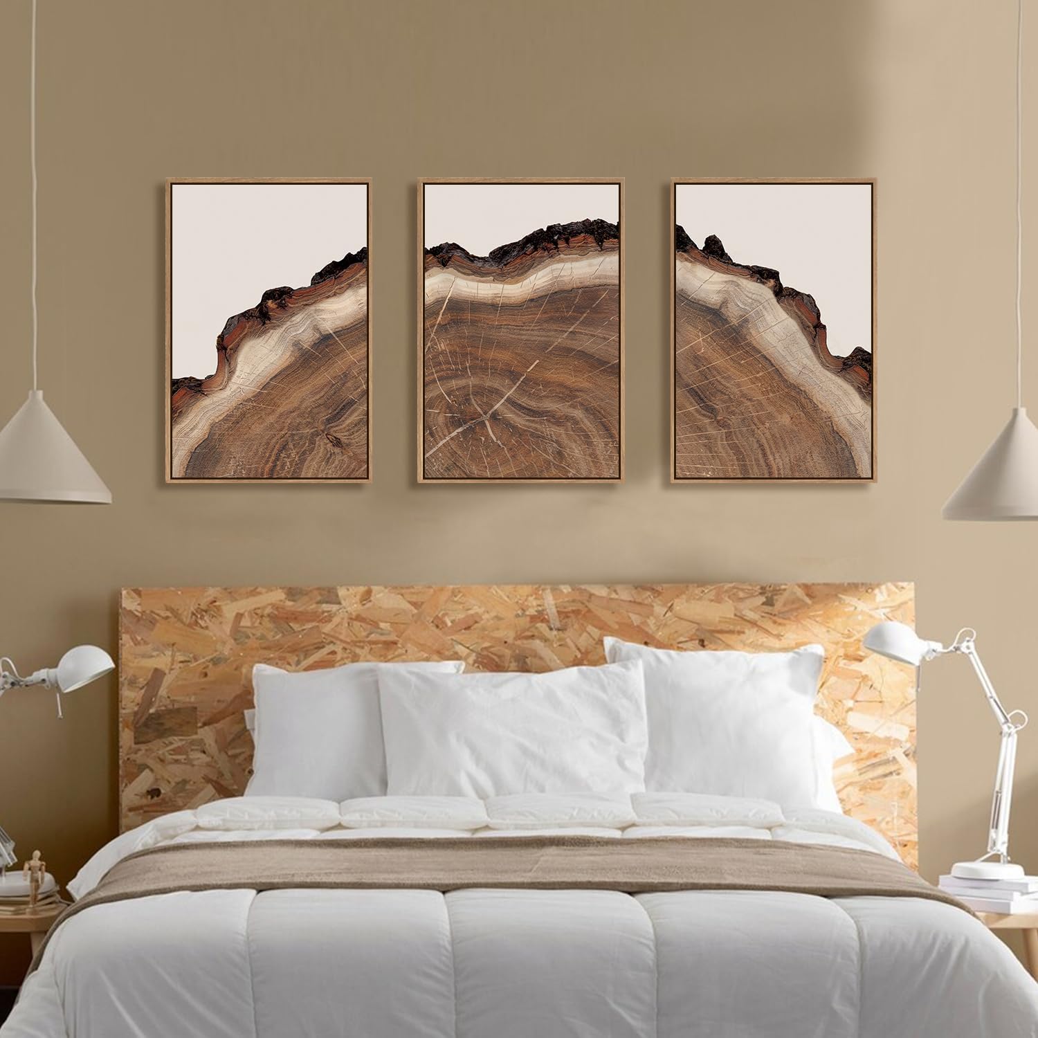 HPINUB Framed Tree Rings Wood Wall Art Set, Modern Beige Wood Stump Wall Decor, Abstract Black and