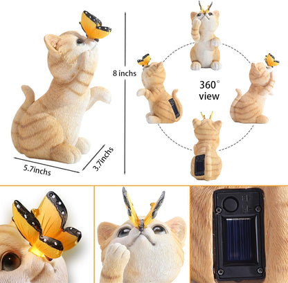 Solar Garden Statue Cute Cat Figurine Fun Color Changing LED Butterfly Light Outdoor Decor