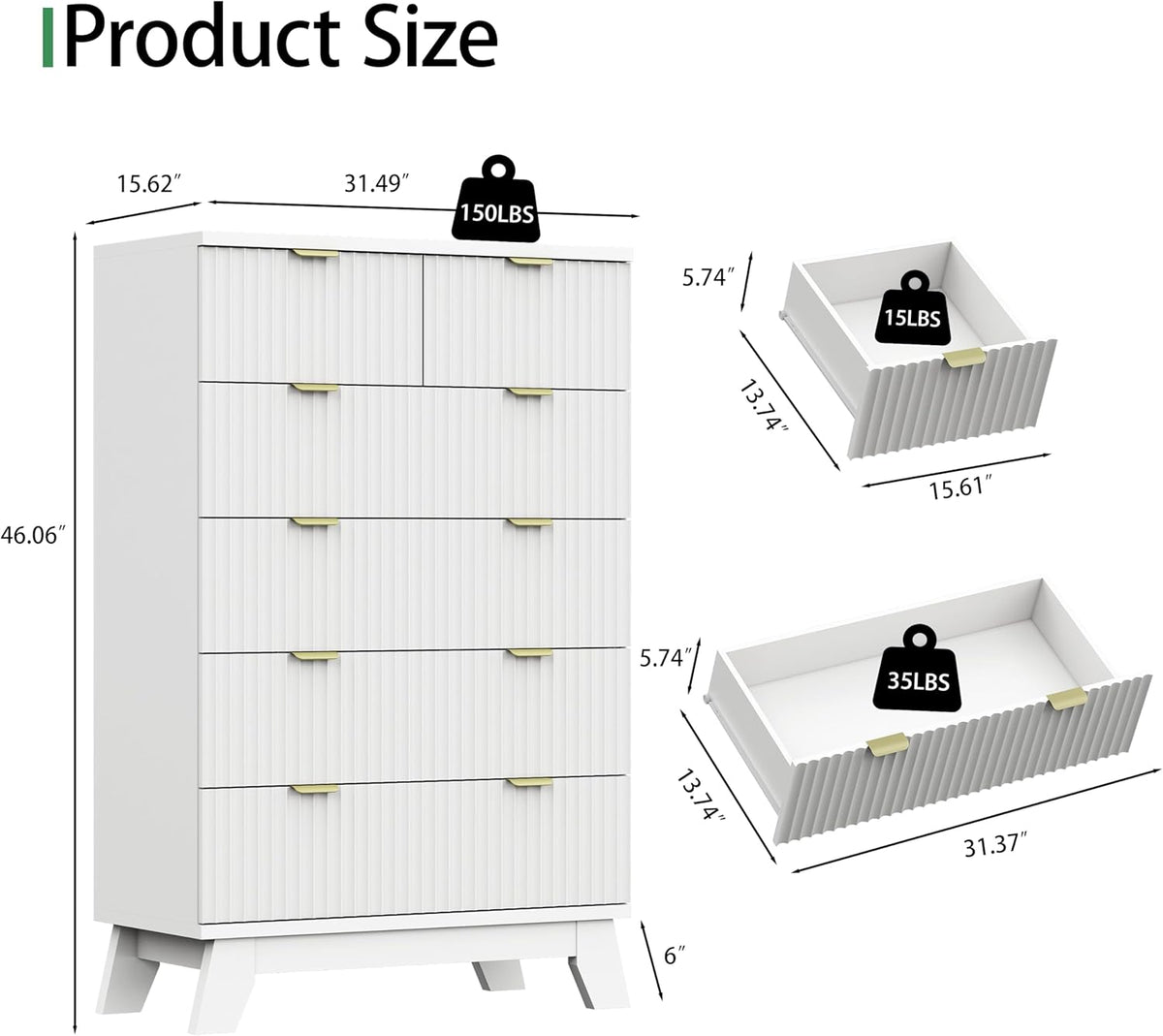 Fluted Dresser for Bedroom with 6 Drawers, 46" Tall Modern Chest of Drawers with Metal Handle