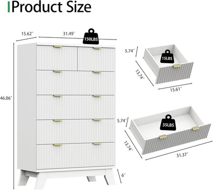 Fluted Dresser for Bedroom with 6 Drawers, 46" Tall Modern Chest of Drawers with Metal Handle