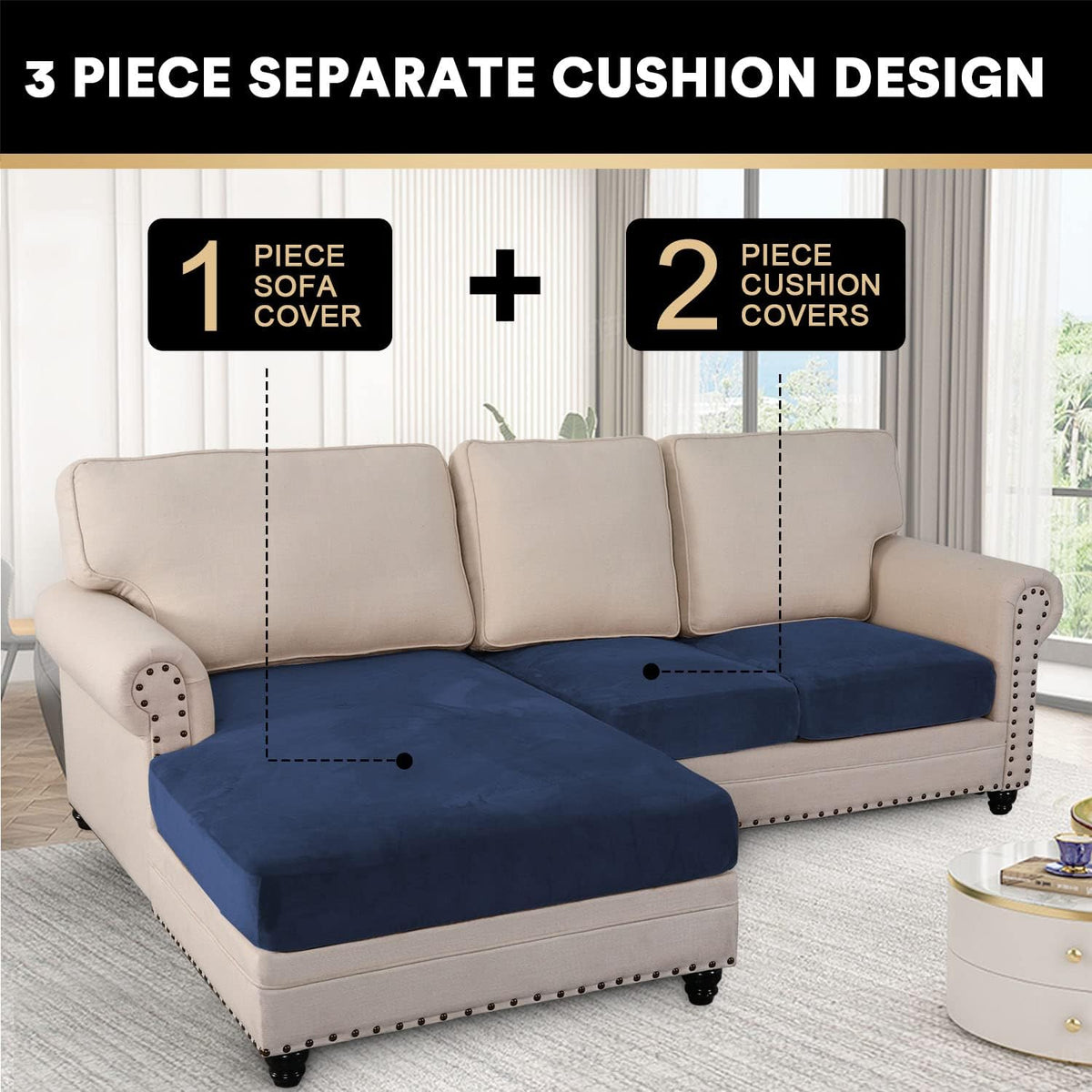 PrinceDeco Sectional Couch Covers 3 Pieces Velvet Sofa Covers L Shape Soft Couch Covers for