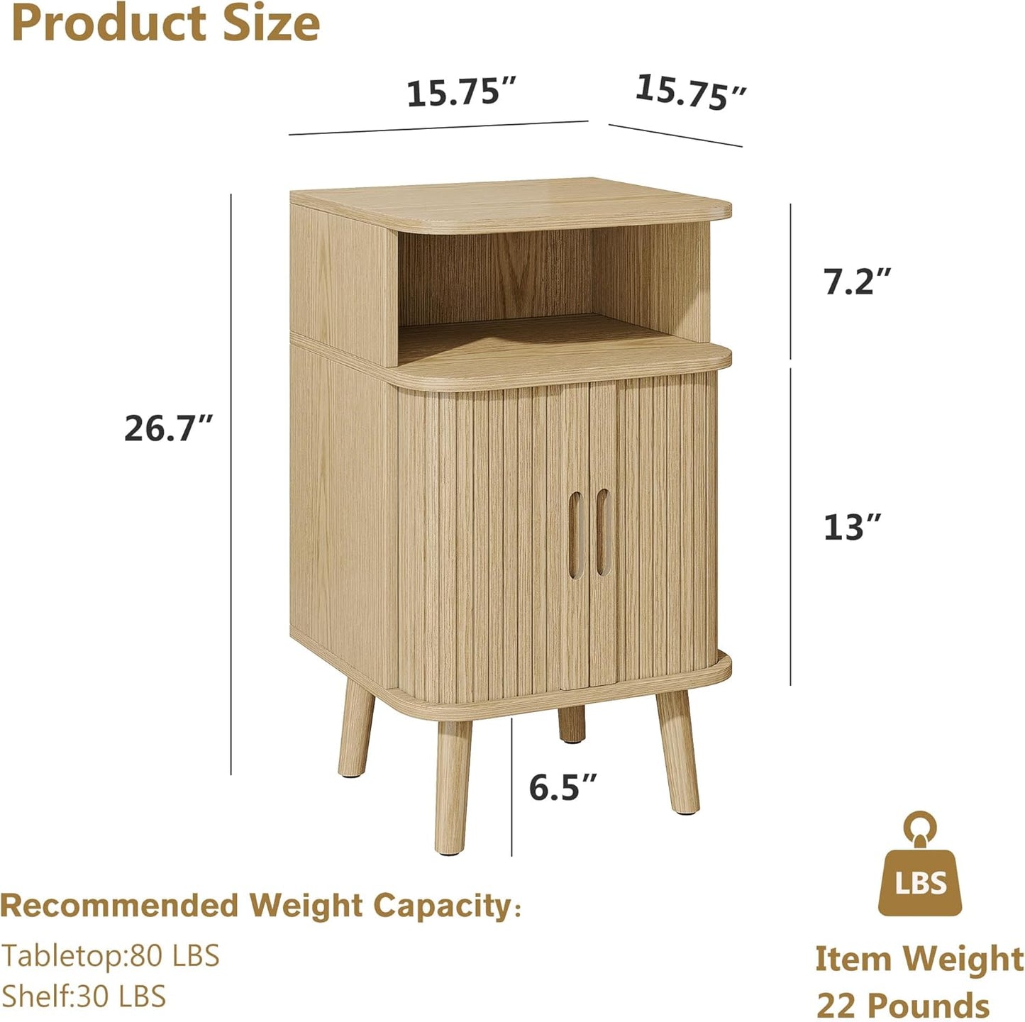 Alohappy Mid Century Modern End Table, Fluted Wood Nightstand with Sliding Tambour Door, Curved