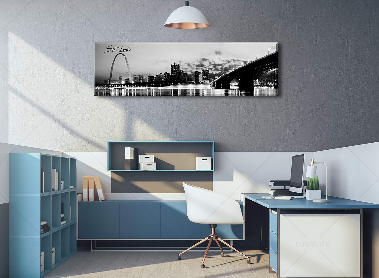 DJSYLIFE Panoramic St. Louis Skyline Wall Art Cityscape Picture Black and White Canvas Print Night