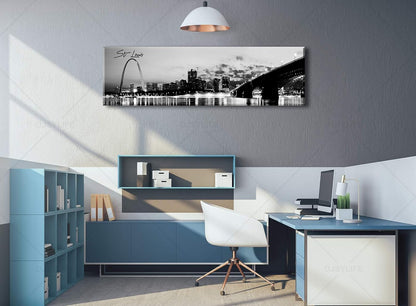 DJSYLIFE Panoramic St. Louis Skyline Wall Art Cityscape Picture Black and White Canvas Print Night