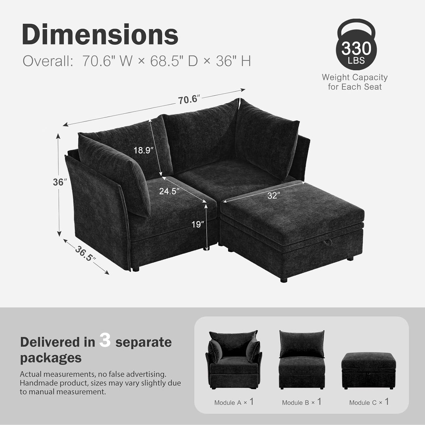 Luxury Modular Sectional Sofa, L-Shaped 3-Seat Couch with Storage Ottoman Deep Seat & Reversible