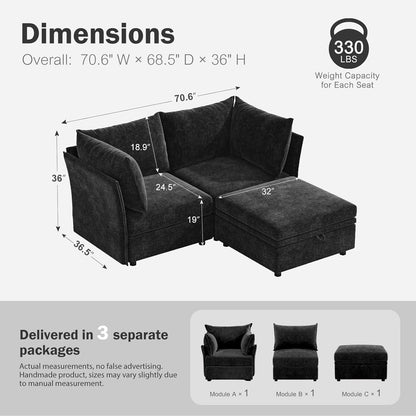 Luxury Modular Sectional Sofa, L-Shaped 3-Seat Couch with Storage Ottoman Deep Seat & Reversible