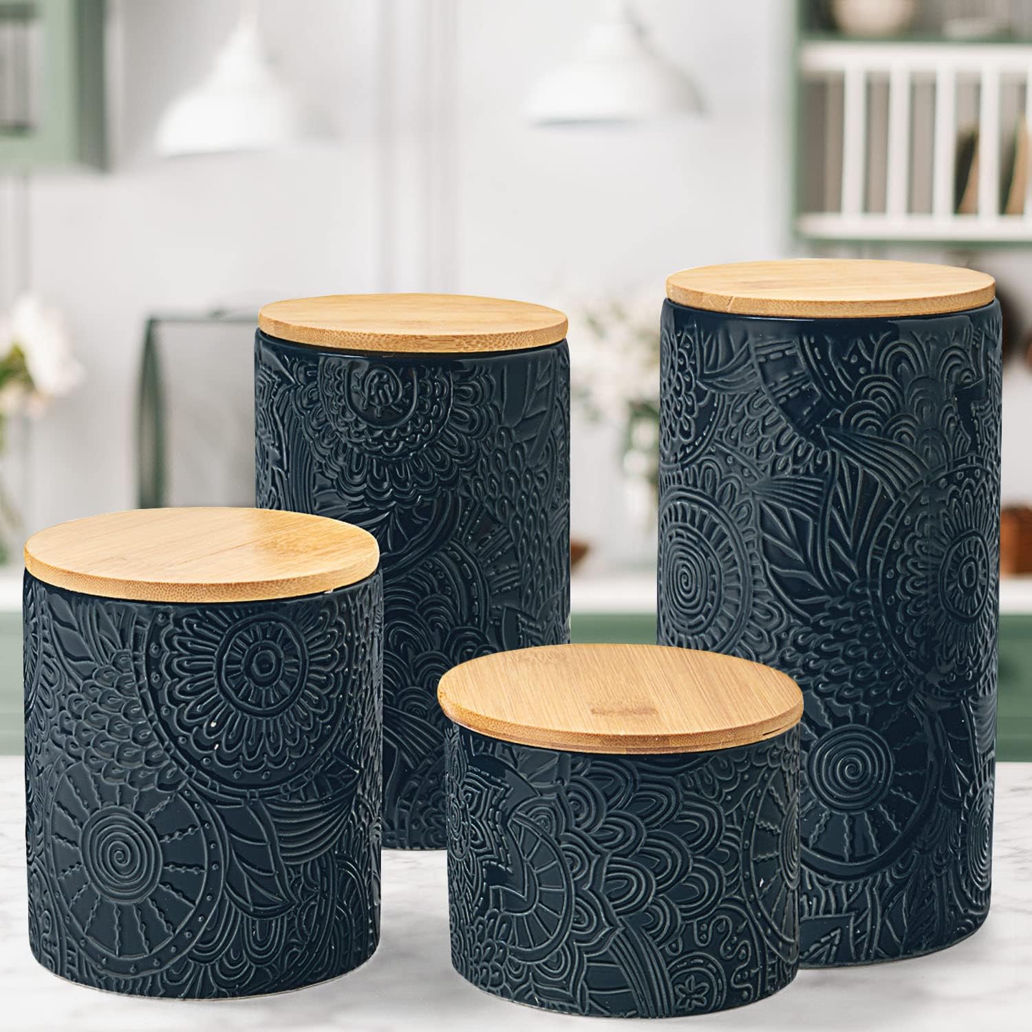American Atelier Embossed Canister 4-Piece Ceramic Set Jar Container with Wooden Lids for Cookies