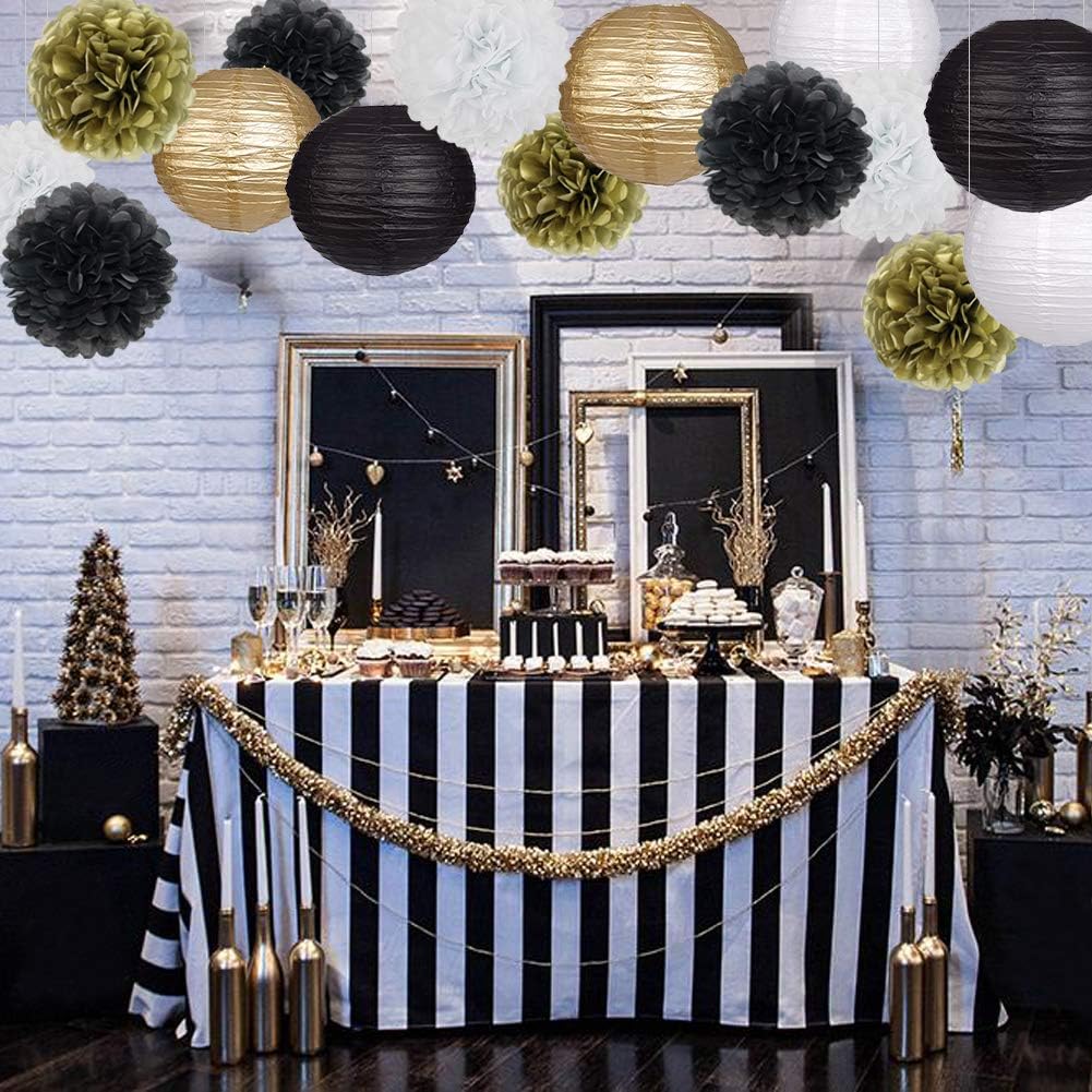 Black Gold Party Decorations, Black Gold Paper Lanterns and Pom Poms Flowers for Birthday Party