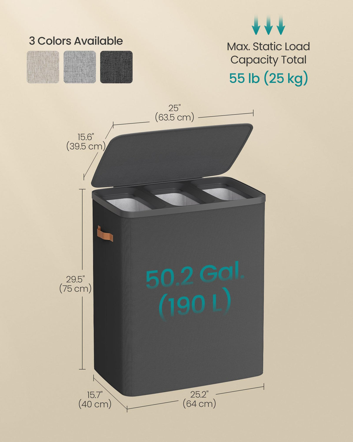 SONGMICS Laundry Basket, 50.2 Gal. Laundry Hamper, 3 Compartments, Easy Assembly, with Lid and