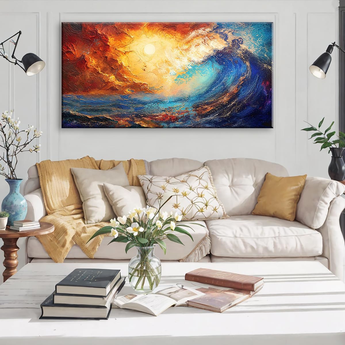 LASMOND Abstract Ocean Wall Art for Living Room Beautiful Blue Sea Wave Seawater Colorful Sky