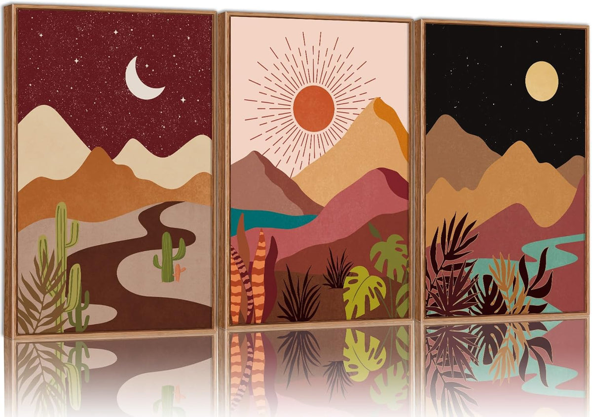 SIGNINART Boho Desert Framed Canvas Wall Art Set of 3, Colorful Sun and Moon Art Prints, Bohemian