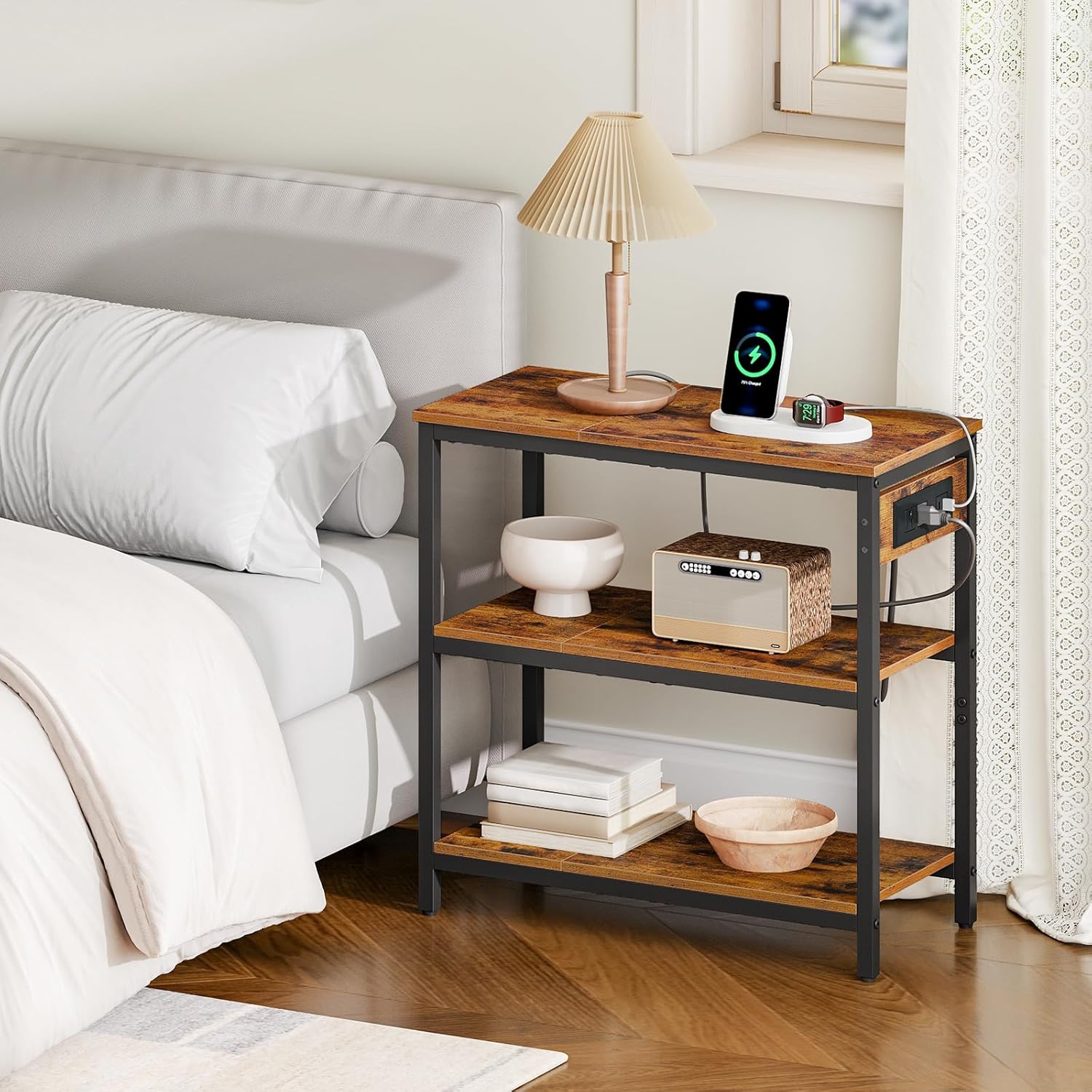 HOOBRO End Table with Charging Station, Simple Rustic Side Table with 3-Tier Storage Shelf, Narrow