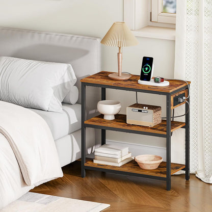 HOOBRO End Table with Charging Station, Simple Rustic Side Table with 3-Tier Storage Shelf, Narrow