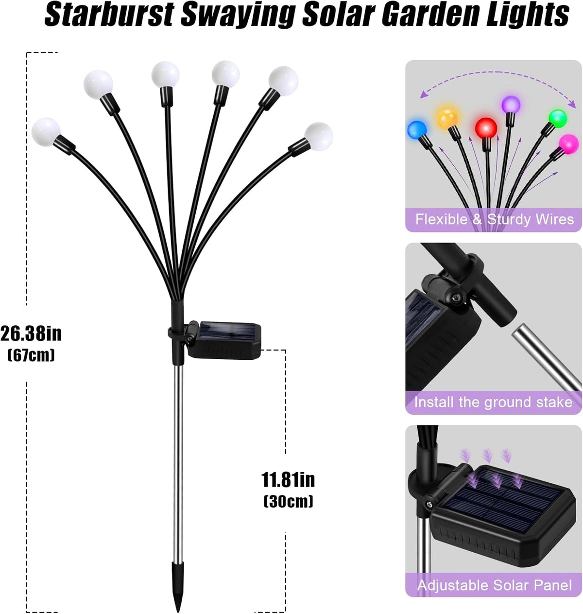 Solar Garden Lights Outdoor, 24 LEDs Solar Firefly Light, Multicolor Changing RGB Swaying Lights