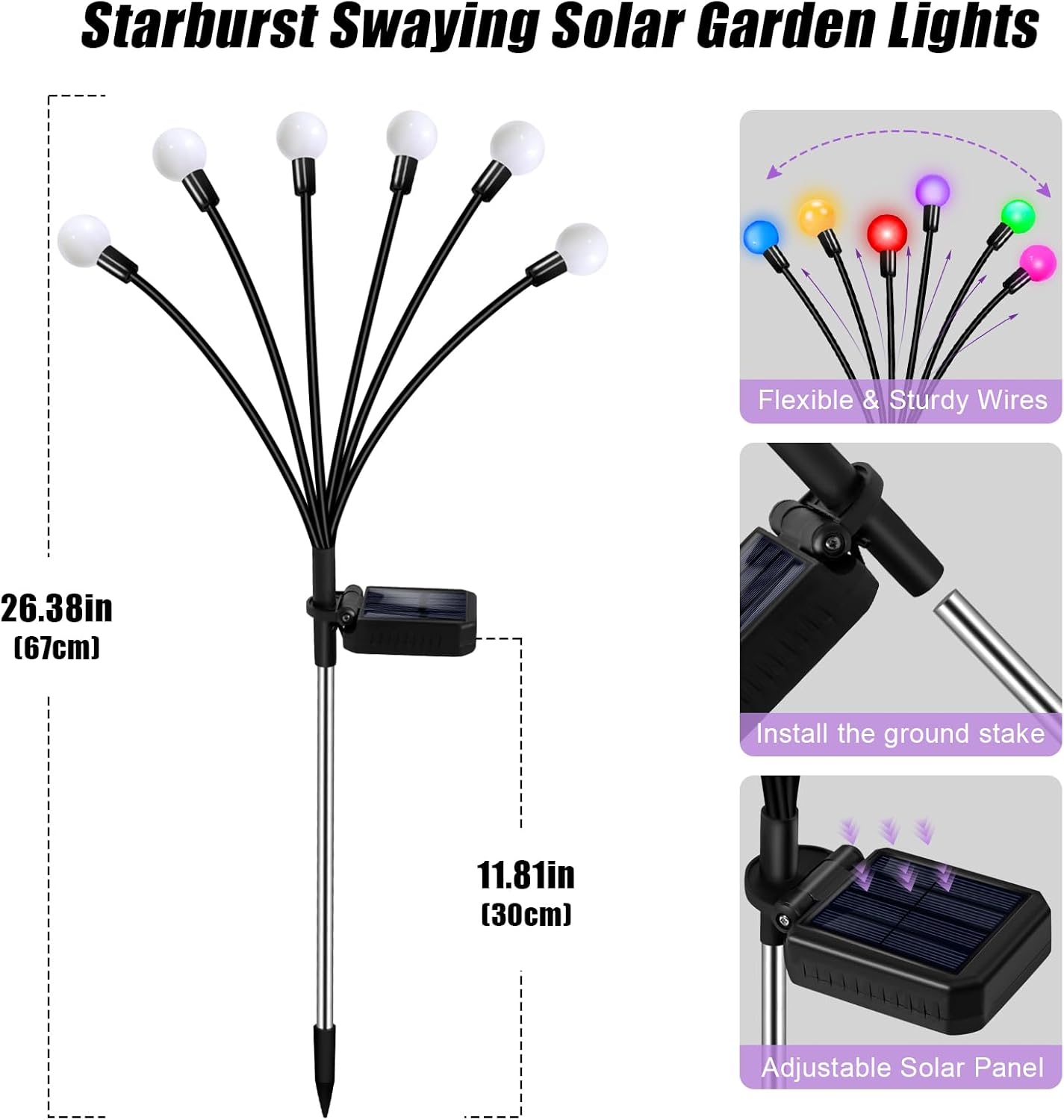 Solar Garden Lights Outdoor, 24 LEDs Solar Firefly Light, Multicolor Changing RGB Swaying Lights