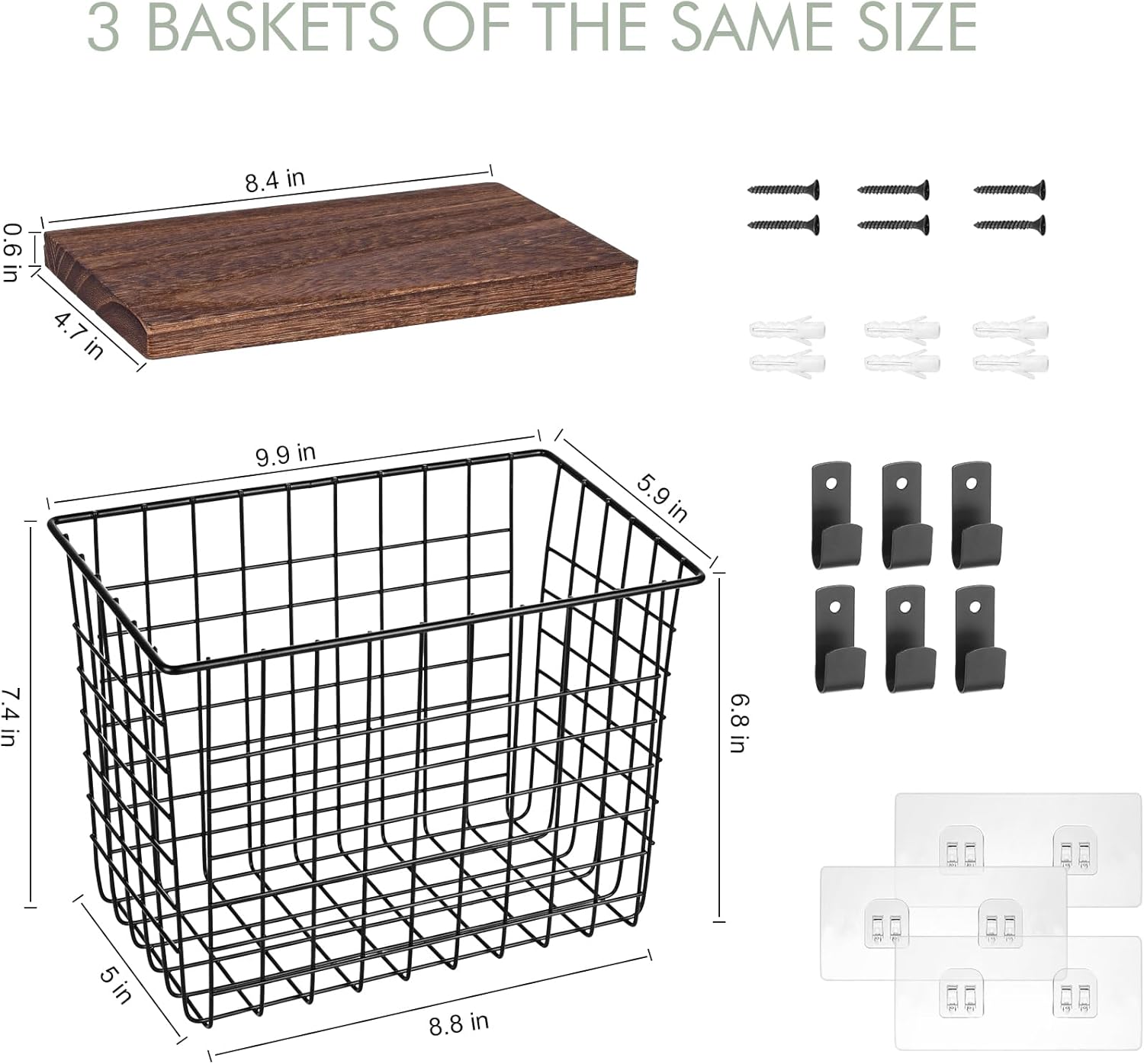 Wall Hanging Baskets 3 Pack, Large Diversified Wire Basket Shelves of Wooden Style, with Wall
