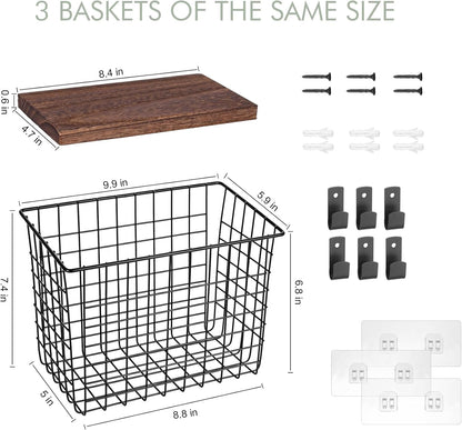 Wall Hanging Baskets 3 Pack, Large Diversified Wire Basket Shelves of Wooden Style, with Wall